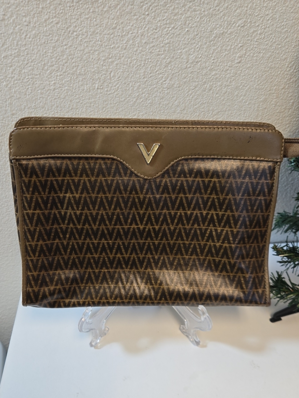 Vintage Mario Valentino Brown Patterned Wristlet Clutch with Gold V Accent